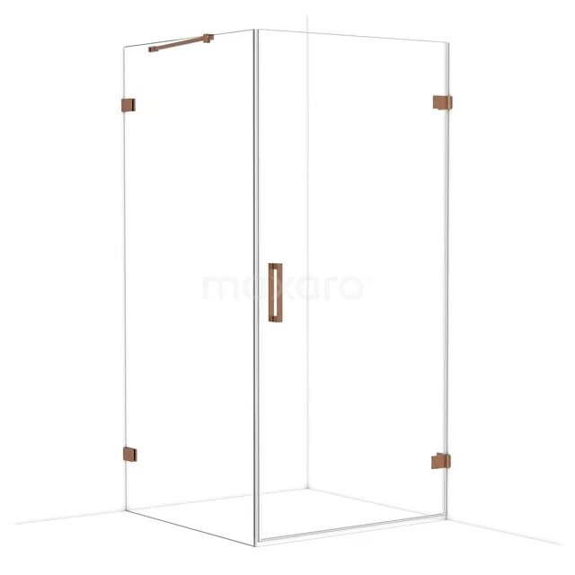 Glass shower cabin with corner entry, copper-coloured hinges and door knob, luxury design for modern bathrooms.