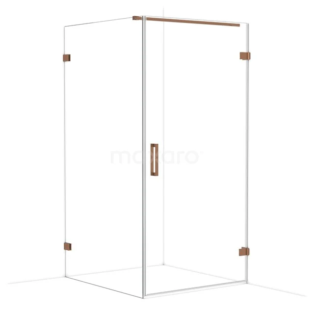 Luxe douchecabine met goudkleurige accenten, strak helder glas en hoekig design, perfect voor een moderne badkamer.