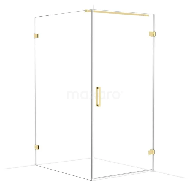 Transparante hoekdouchecabine van glas met mat gouden details, ideaal voor een stijlvolle badkamer inrichting.
