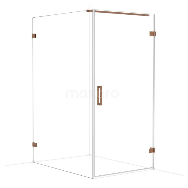 Glass shower cabin with copper accents, angular design and minimalist appearance for modern bathrooms.