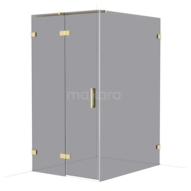 Glass shower cabin with gold-coloured hinges and handle, corner model suitable for modern bathroom decor.