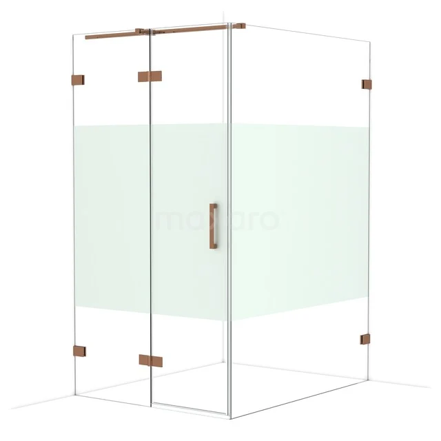 Glass shower cabin with corner entry, clear doors and brass accents, minimalist design for modern bathrooms.