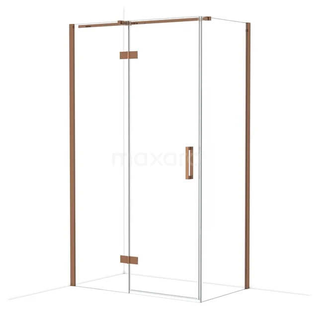 Black shower cabin with clear glass and brass accents, ideal for a stylish bathroom.