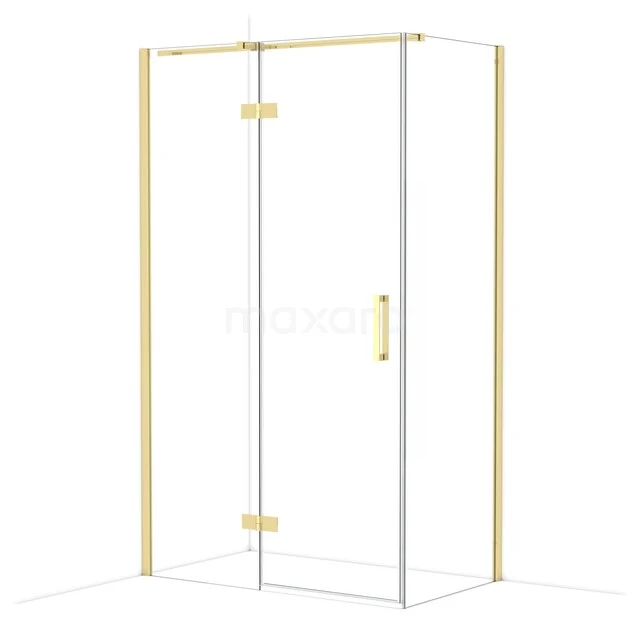 Shower cabin with a gold-coloured frame, glossy glass, modern style. Perfect for a luxury bathroom design.