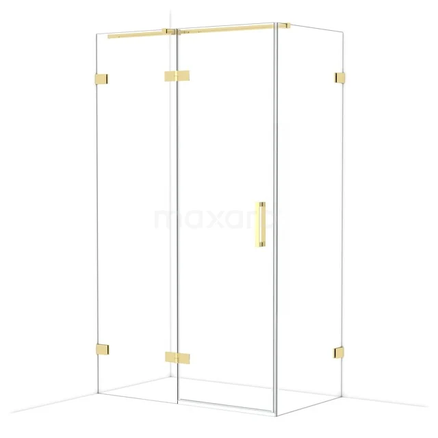 Gold-coloured shower cabin, corner model with clear glass walls and metal accents, perfect for a stylish bathroom.