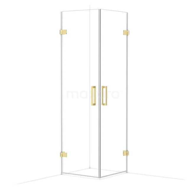 Glass corner shower cabin with gold hinges and handles, elegant design, ideal for modern bathrooms.