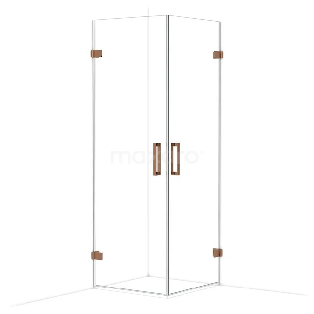 Glass corner shower cabin with copper-coloured profiles, modern appearance, ideal for luxury bathroom decor.