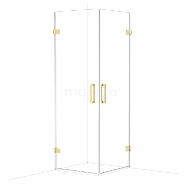 Diamond Shower enclosure | 70x70 cm Shiny light gold Clear glass Pivot door Square CDE1070720GLG Glass shower cabin with gold accents, corner model with double doors, minimalist design, ideal for luxury bathrooms.
