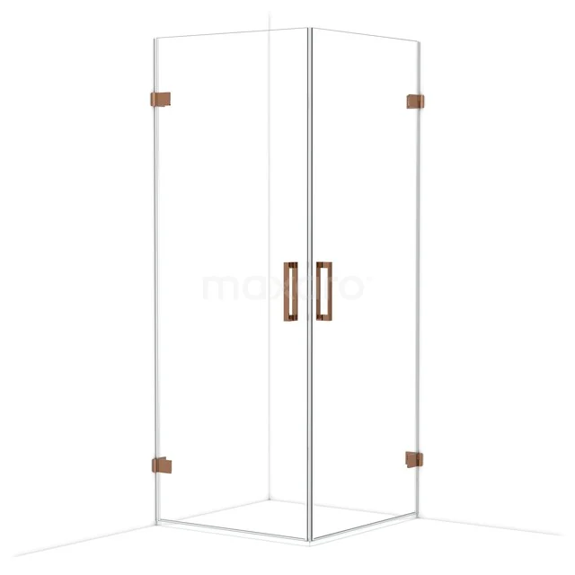 Glasene Eckdusche mit Kupfer Scharnieren und Haltegriffen, straffes Design für moderne Badezimmer Einrichtung.