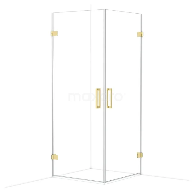 Glass shower cabin with golden details, corner model with double doors, luxury finish for a stylish bathroom.