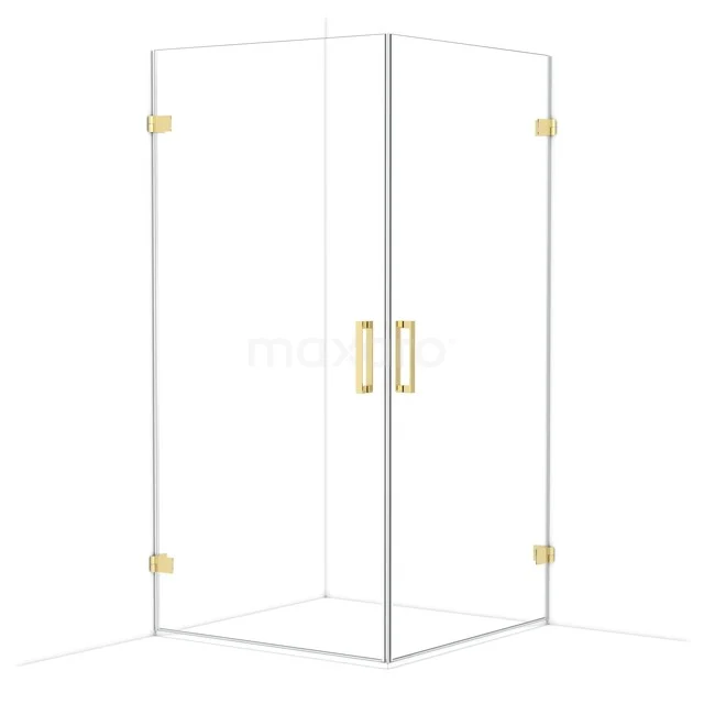 Glass corner shower cabin with gold details, sleek design, perfect for a luxury bathroom decor.