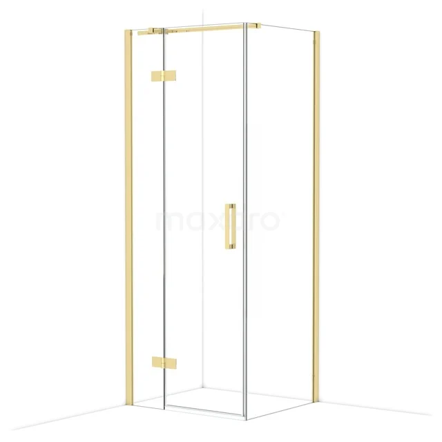 Glass corner shower with gold-coloured profiles and door, ideal for a stylish and modern bathroom design.