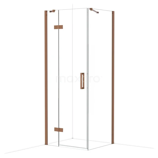 Glass shower cabin with corner entry, bronze-coloured details and sleek design, perfect for a stylish bathroom decor.