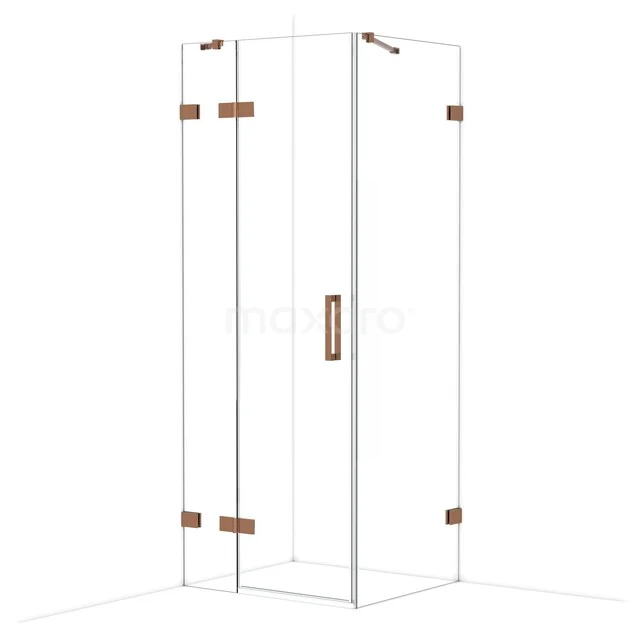 Glass shower cabin with corner entry, rust-coloured aluminium accents, suitable for modern bathrooms.