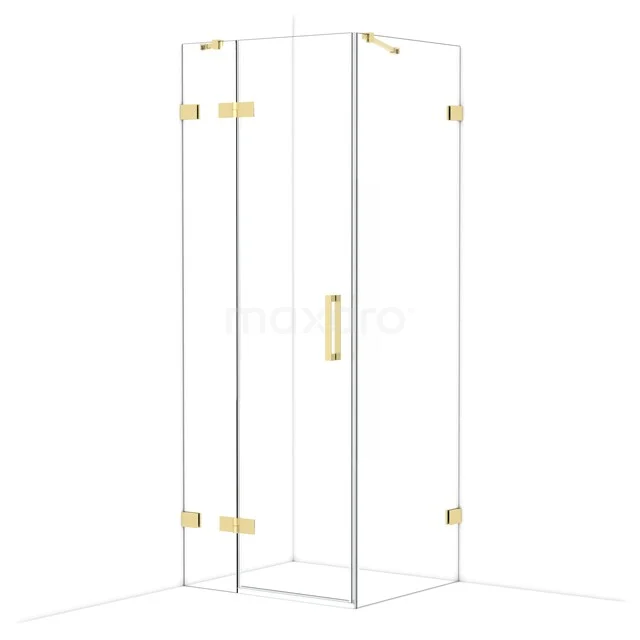 Glas Duschkabine mit goldfarbenen Scharnieren und Haltegriff, zeitgemäßer Stil, perfekt für ein luxuriöses Badezimmer.