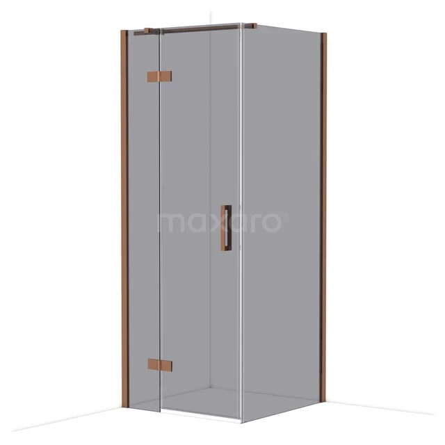 Douchecabine hoekmodel met glazen deuren, bronskleurige profielen en luxe handgreep, ideaal voor een moderne badkamer.