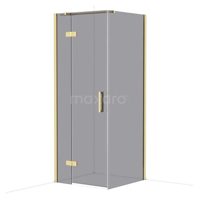 Diamond Shower enclosure | 80x80 cm Glossy light gold Smoke glass Pivot door Square CDB213508311GLG Grijze hoekdouchecabine met goudkleurige details, glazen deur en metalen grepen, perfect voor luxe badkamerontwerpen.