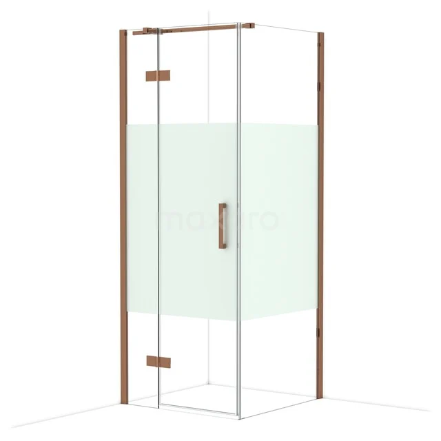 Hoekdouche met transparant glas, bronze profielen en matglazen accent; stijlvol en modern voor elke badkamer.