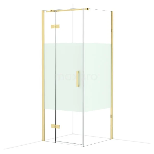 Gouden hoekdouchecabine met glazen wanden en schuifdeur, ideaal voor een moderne badkamerupgrade.