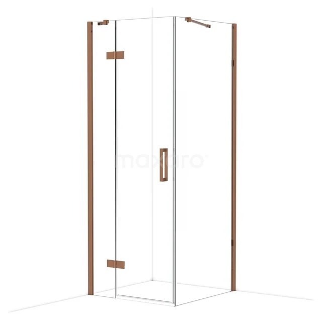 Eck-Duschkabine mit Glaswänden, kupferfarbenen Akzenten und modernem Design, perfekt als stilvolle Badezimmerlösung.
