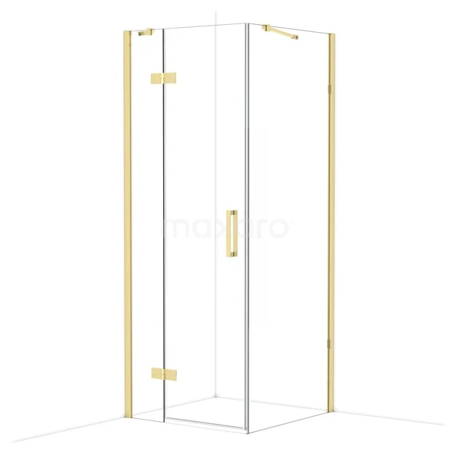 Golden corner shower cabin with glass doors, sleek design, ideal for a modern bathroom.