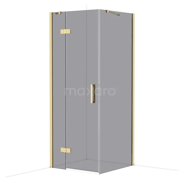 Diamond Shower enclosure | 80x80 cm Glanzend lichtgoud Smoke glass Pivot door Square CDB213508411GLG Grijze hoekdouchecabine met goudkleurige scharnieren, glazen deuren en strak design voor een moderne badkamer.