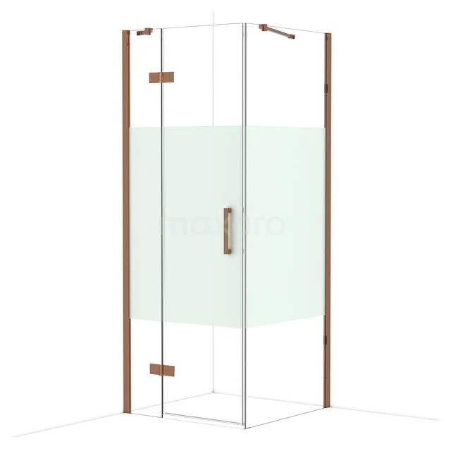 Diamond Shower enclosure | 80x80 cm Shiny copper Clear with matt strip Pivot door Square CDB213508413GKP Hoekige glazen douchecabine met houten accenten en mat tussenpaneel, stijlvol en geschikt voor een moderne badkamer.