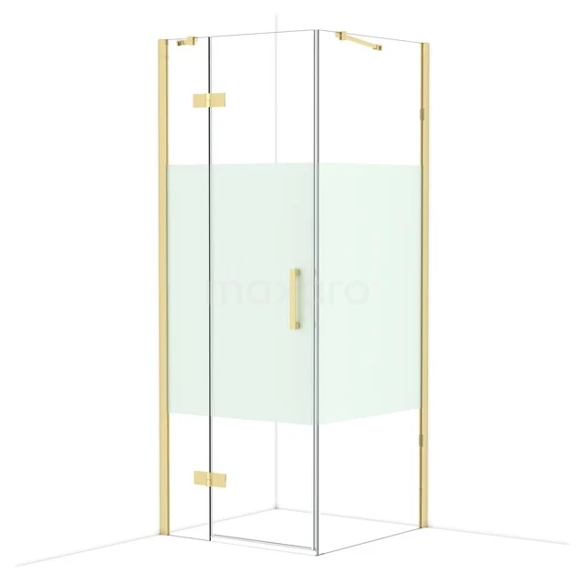 Hoekdouchecabine met goudkleurige accenten, glazen wanden en modern design voor stijlvolle badkamers.