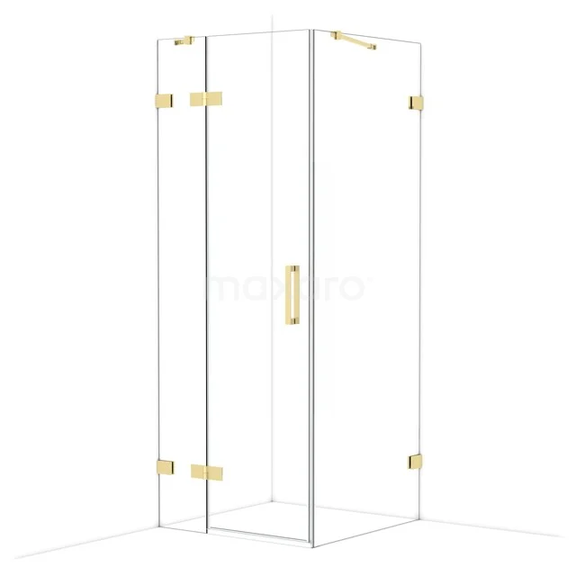 Glazen douchecabine met goudkleurige accenten, hoekvormig ontwerp, ideaal voor een moderne badkamerstijl.