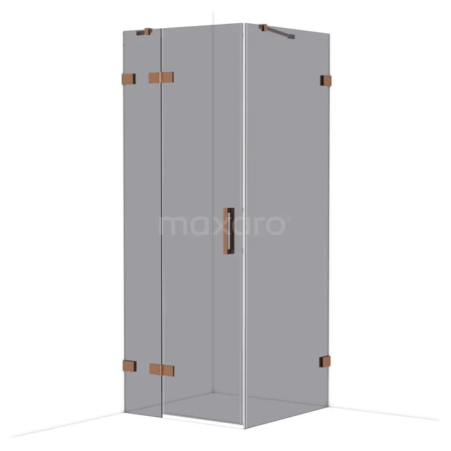Grijze douchecabine met glazen wanden, roestvrijstalen details en koperkleurige scharnieren, ideaal voor moderne badkamers.