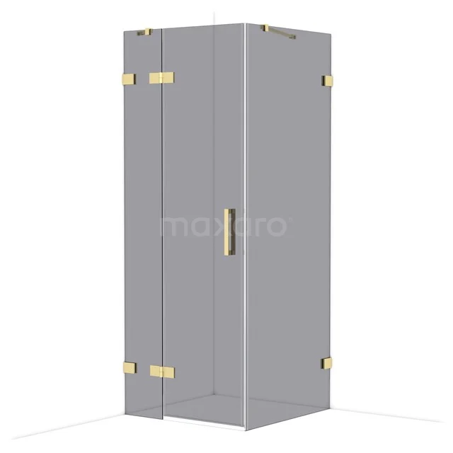 Glazen douchecabine met messing accenten, hoekmodel in grijs, ideaal voor een stijlvolle en moderne badkamer.