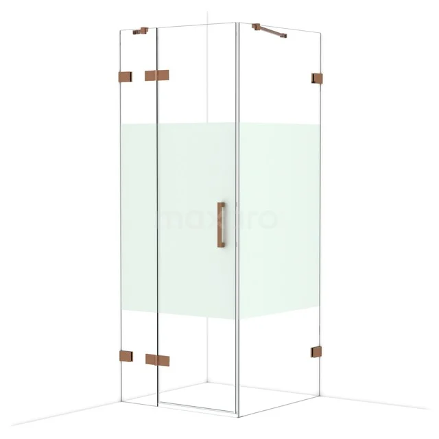Diamond Shower enclosure | 80x80 cm Shiny copper Clear with matt strip Pivot door Square CDB213508423GKP Glazen douchecabine met hoekinstap, messing scharnieren en matglas details, ideaal voor een stijlvolle badkamer inrichting.