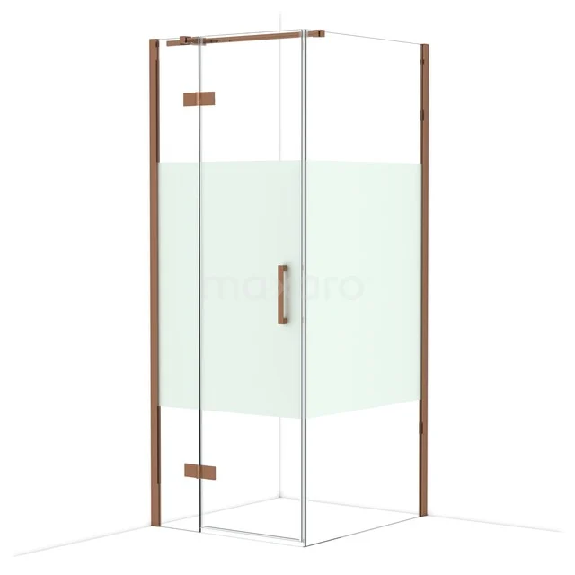Diamond Shower enclosure | 90x80 cm Shiny copper Clear with matt strip Pivot door Rectangle CDB213509313GKP Glazen douchecabine met hoekinstap, koperkleurige profielen en frosted segment, ideaal voor een moderne badkamer.