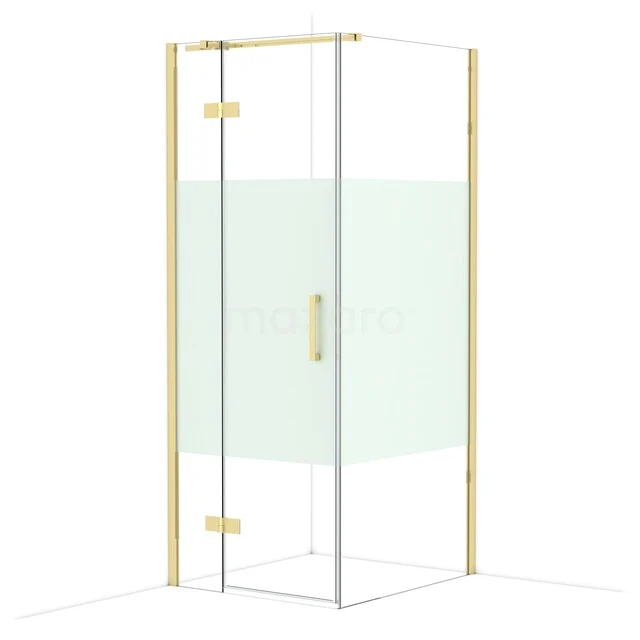 Golden corner shower cabin with glass doors and matte details, ideal as a stylish space-saving solution for the bathroom.