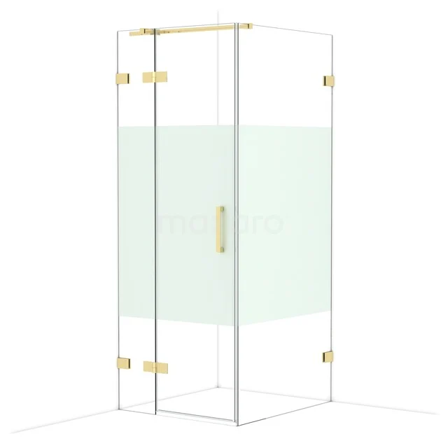 Diamond Shower enclosure | 90x80 cm Shiny light gold Clear with matt strip Pivot door Rectangle CDB213509323GLG Glass shower cabin with gold-coloured metal hinges and handle, modern design for a stylish bathroom.