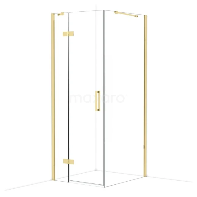 Diamond Shower enclosure | 90x80 cm Glossy light gold Clear glass Pivot door Rectangle CDB213509410GLG Douchecabine met gouden profielen, glazen wanden en draaideur, ideale luxe toevoeging voor moderne badkamers.