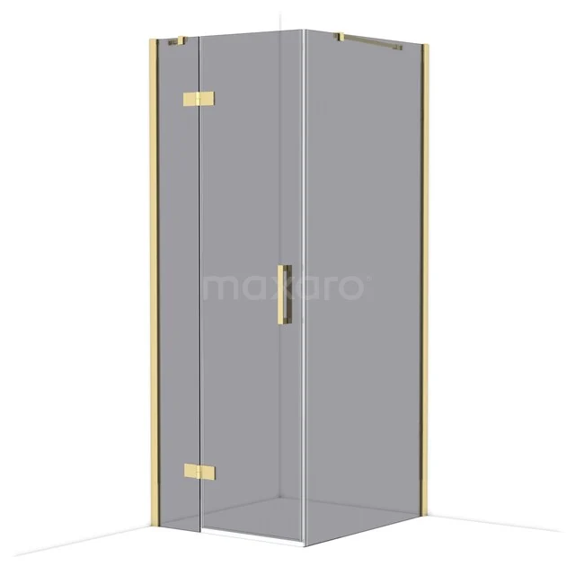 Glas Duschkabine Eckmodell mit Gold Details und Drehtür, luxuriöse Ergänzung für ein modernes Badezimmer.