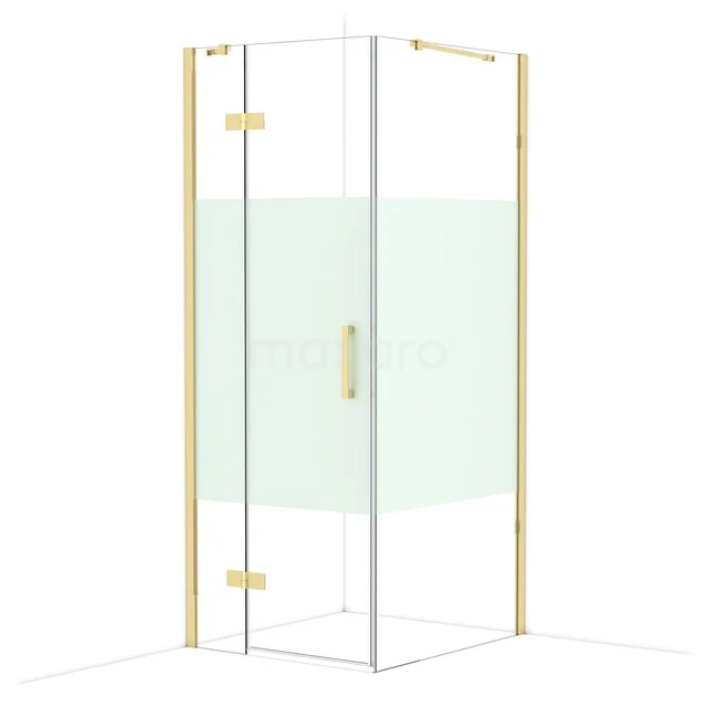 Hoekdouchecabine met goudkleurige profielen en helder glas, perfect voor een moderne badkamer.