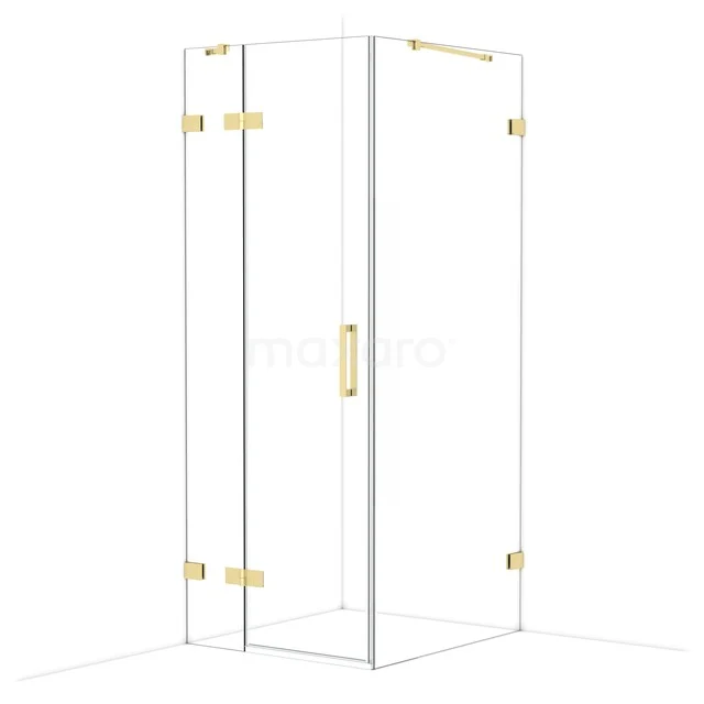 Glass shower cabin with gold-coloured hinges and handle, rectangular design, ideal for a modern bathroom.