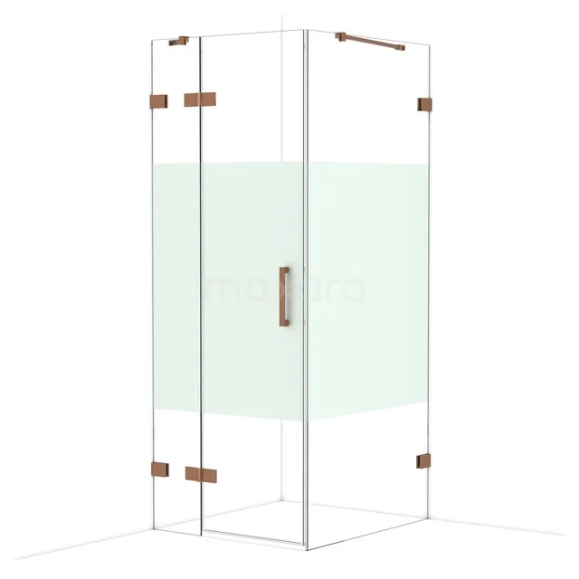 Diamond Shower enclosure | 90x80 cm Shiny copper Clear with matt strip Pivot door Rectangle CDB213509423GKP Glazen douchecabine met hoekdeur, messing scharnieren, matglas detail en moderne stijl; ideaal voor een luxe badkamer.
