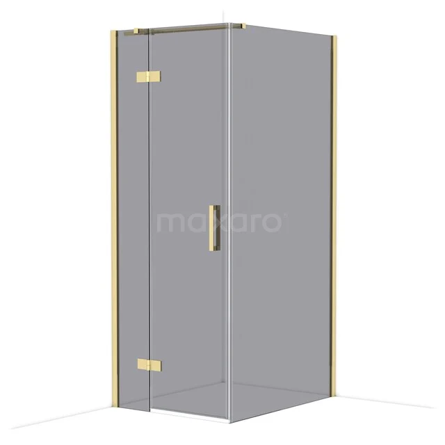 Glasene Duschwand mit goldenen Scharnieren, eckiges Design, ideal für ein stilvolles und modernes Badezimmer.