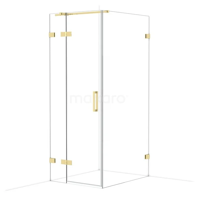 Glazen douchecabine met goudkleurige scharnieren en handgreep, modern ontwerp voor een luxe badkamerinterieur.