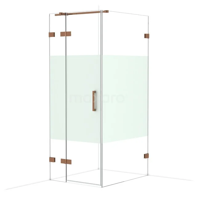 Glas Duschkabine mit kupferfarbenen Scharnieren, Eckmodell, ideal für eine moderne Badezimmer Einrichtung.