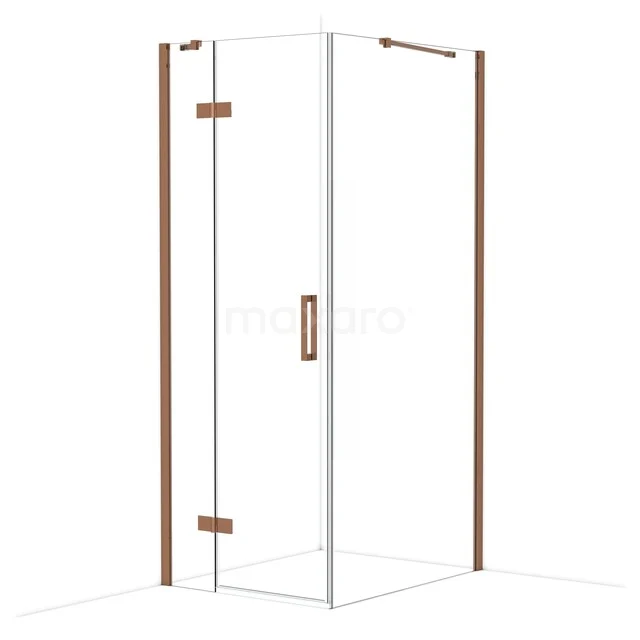 Eck-Duschkabine mit transparentem Glas, bronzefarbenen Akzenten und Drehtür, perfekt für ein modernes Badezimmer.