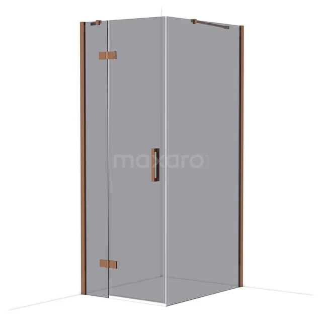 Hoekdouchecabine met helder glas en roestvrijstalen roségouden accenten, ideaal voor moderne badkamers.
