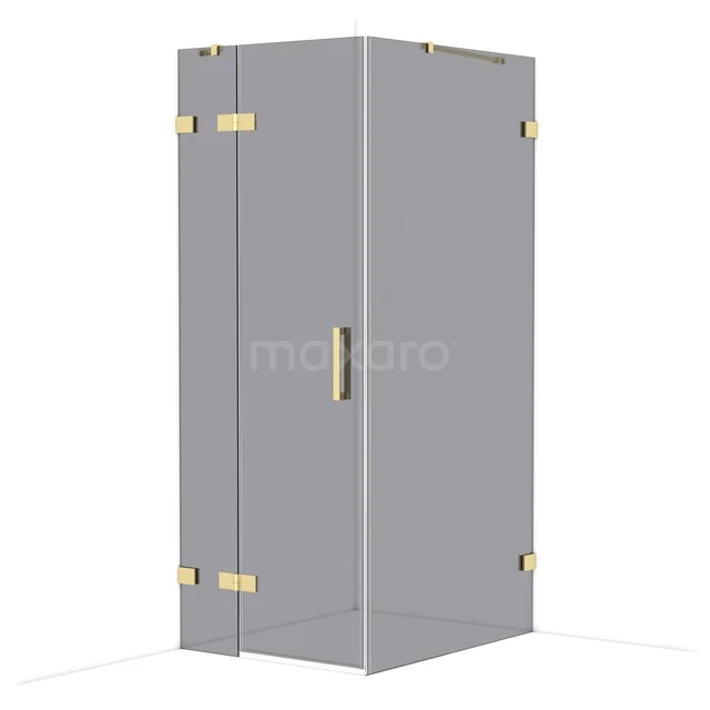 Grey square shower cabin with frosted glass, gold-coloured hinges and handle for a luxurious bathroom decor.