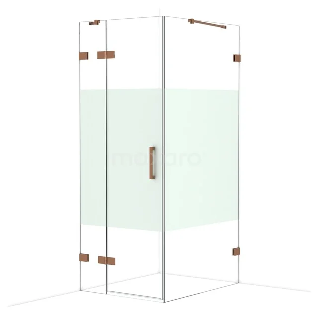 Glass shower cabin with corner design, matte green detail and copper accents, perfect for a modern bathroom style.
