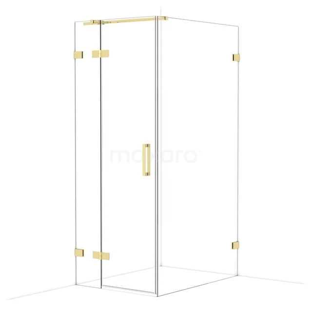 Glass shower cabin with gold accents, angular design and modern minimalist appearance for a stylish bathroom.