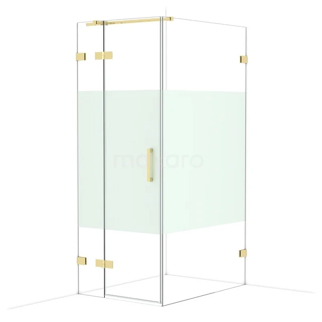 Glass shower cabin with gold-coloured hinges and frosted glass detail, ideal for a stylish bathroom decor.