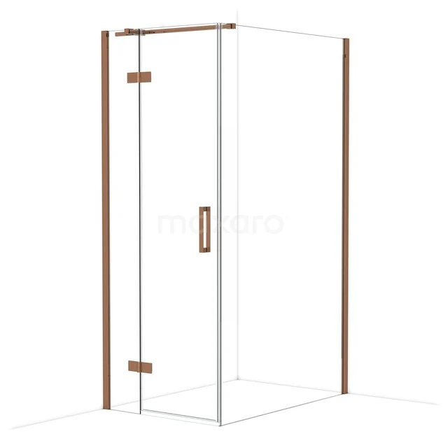 Glazen douchewand in hoekopstelling met bronzen accenten, perfecte aanvulling voor een moderne badkamer.
